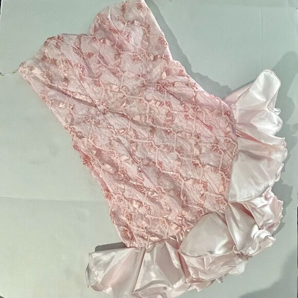 VTG 80s Blush Pink Lace and Satin Strapless Ruffle Dress with Bolero, 13/14 Jr. - Picture 7 of 11